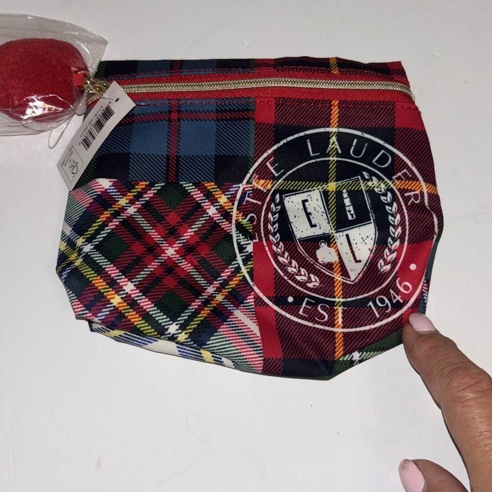 ESTEE LAUDER PLAID COSMETIC BAG WITH POM POM